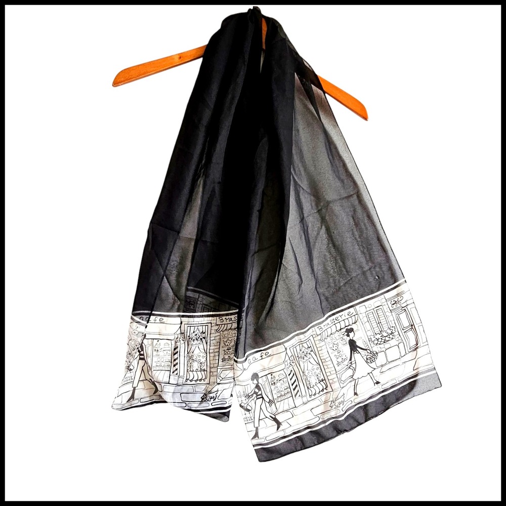 Black Sheer Scarf Paris Cafe Print Lightweight Fashion Accessory